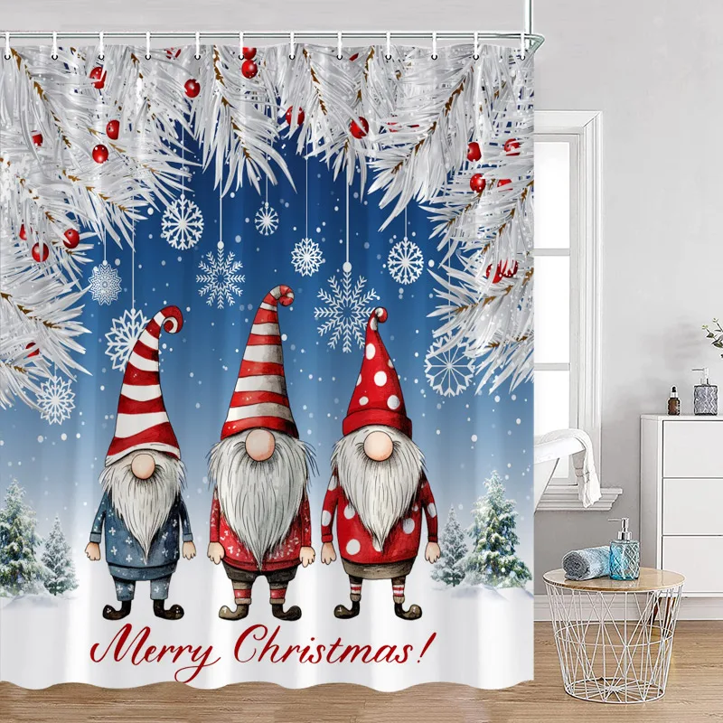 Cute Pink Snowman Shower Curtain Winter Forest Xmas Tree Gift Christmas Home Bathroom Decor Polyester Bath Curtains with Hooks