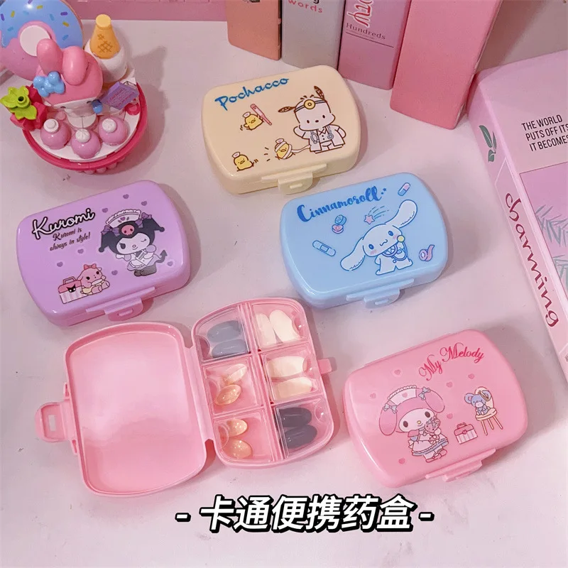 Kawaii Sanrio 6 Grids Pill Case Hello Kitty Kuromi Cinnamoroll My Melody Pochacco Medicine Box Travel Portable Pill Tablet Box