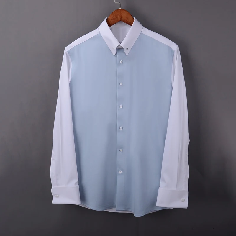 Punhos franceses de colarinho império masculino, camisa de manga comprida, gola neutra, sem ferro, slim fit, no local de trabalho, 100% algodão