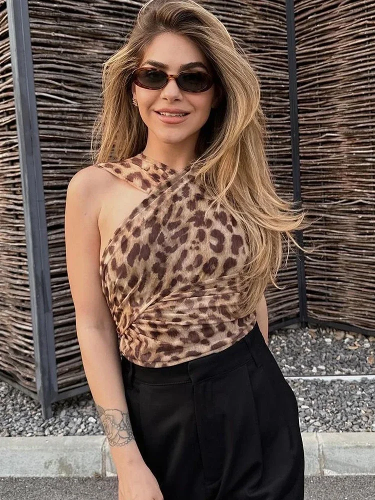 Frauen Bodysuit Leopard ärmellose Sex Rüschen Falten asymmetrische schlanke Stram pler Frauen 2024 Sommer Strand Overalls weibliche Bodys