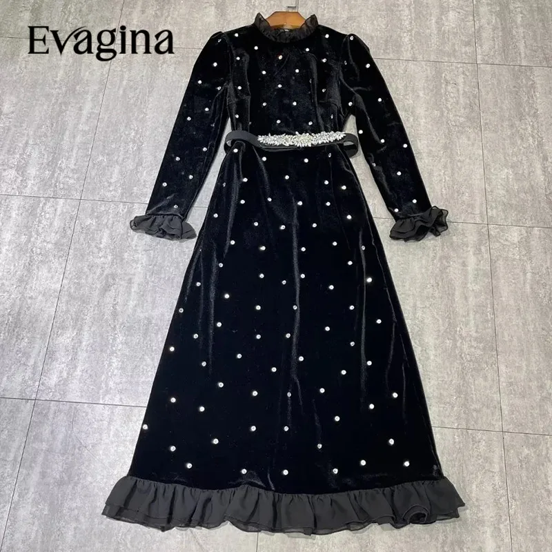 

Evagina New Fashion Runway Designer Women's Round Necked Mesh Yarn Long Sleeved Velvet Detachable Waistband Nail Beads Red Dress