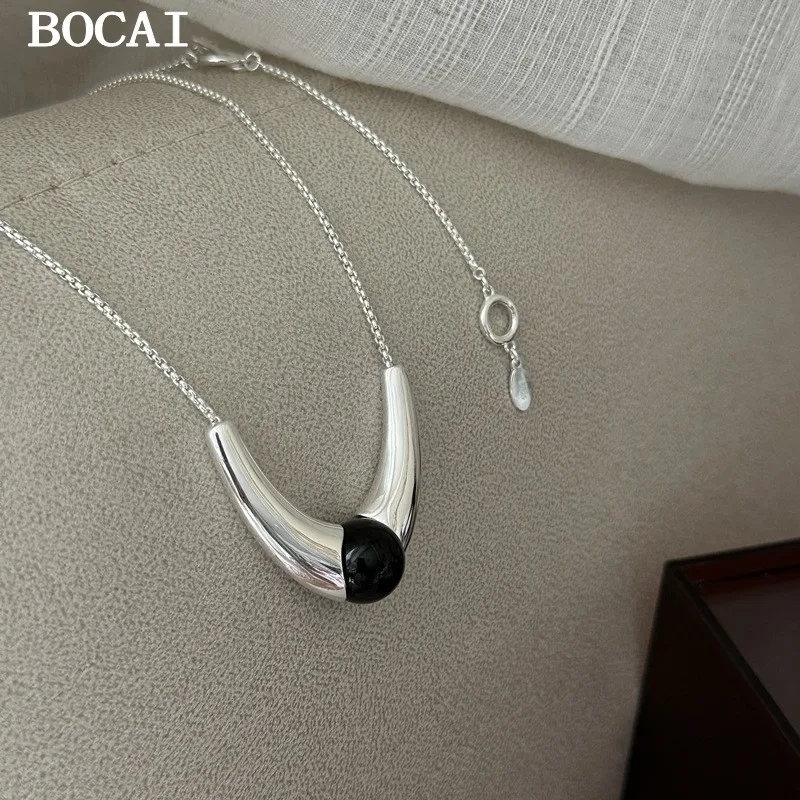

BOCAI S925 Чистое серебро Простое и модное нишевое агатовое ожерелье с подвеской