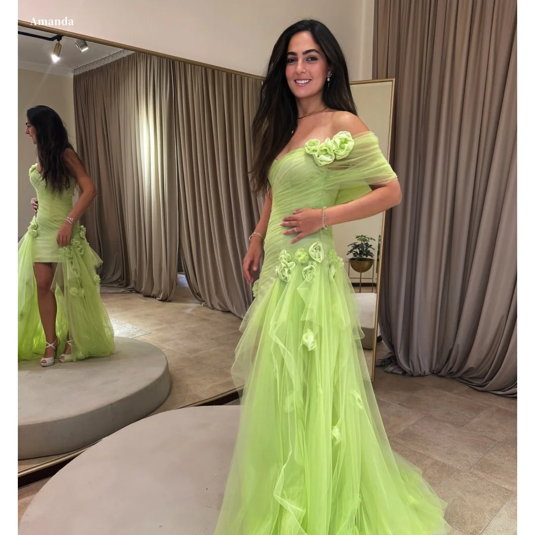 

Неоново-зеленое платье для выпускного вечера Amanda с открытыми плечами, украшенное цветочным узором, вечернее платье с высоким разрезом, платья de noche