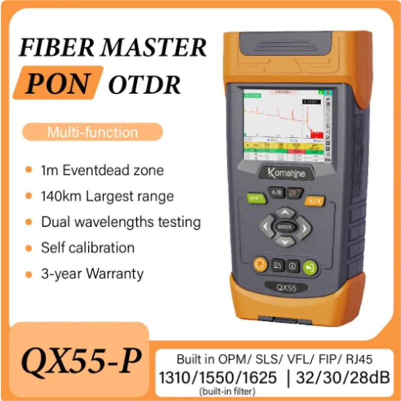 QX55 OTDR Mini SM PON OTDR 1310/1550nm 1625nm With 10mw VFL,Power Meter,Light Source. Self Cablbration/Link Map Function