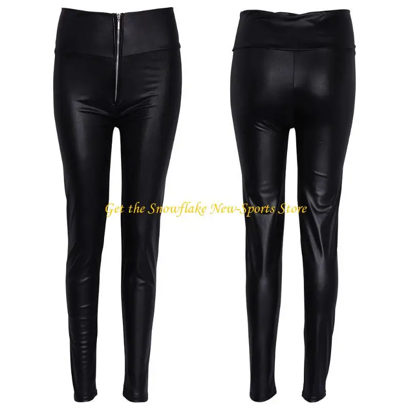 E56D Women High Waisted Zipper Pencil Pants Black Faux Leather Legging with Zipper