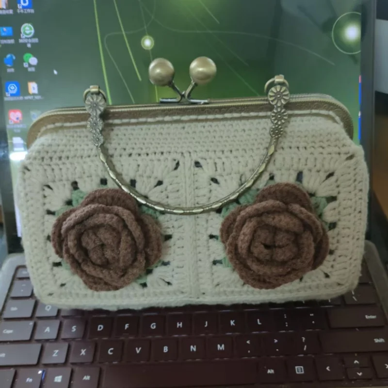 Handmade crocheted camellia mouth gold bag, handbag, phone bag with lining, beautiful women's storage bag