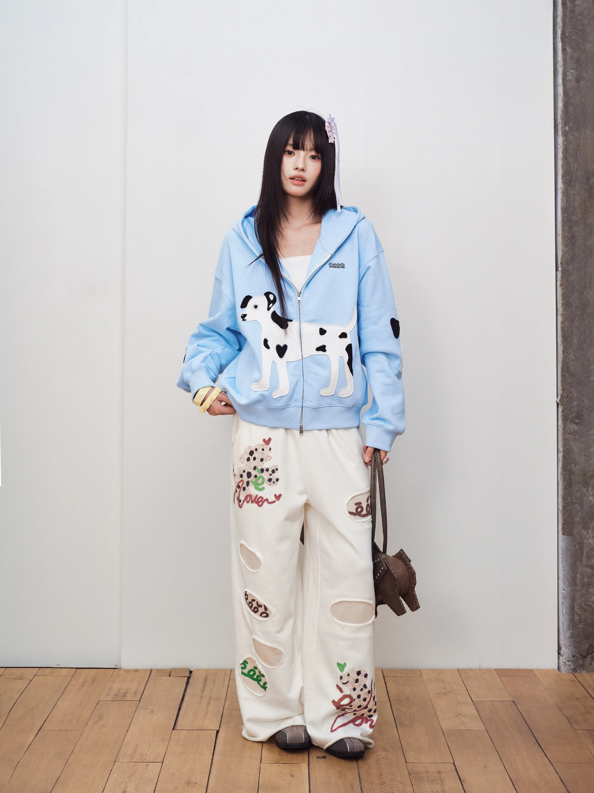Spot Mousse Design Hoodie Jacket Heart Pattern Dog Patchwork Double Zipper Hooded Cardigan Sweatshirt Outerwear for Men