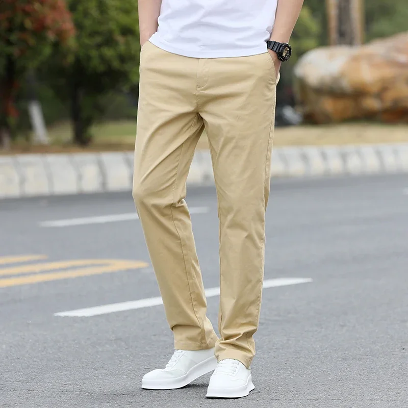 Men's Slim Fit Casual Pants Lightweight Classic Straight Trousers Summer Cotton Stretch Joggers Solid Khaki Pants Male