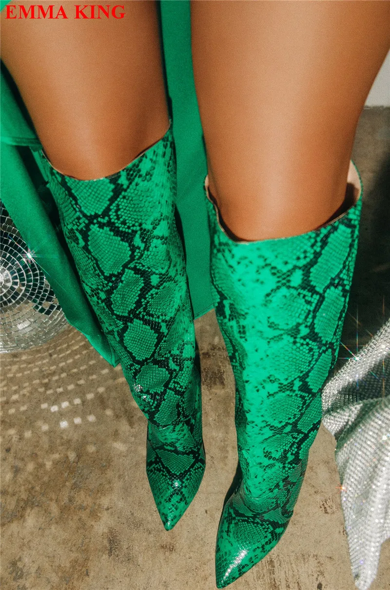 Fashion Women Green Snakeskin Over The knee Boots Super High Heels Pointed Toe Thigh High Boots Stiletto Party Shoes Woman 2022