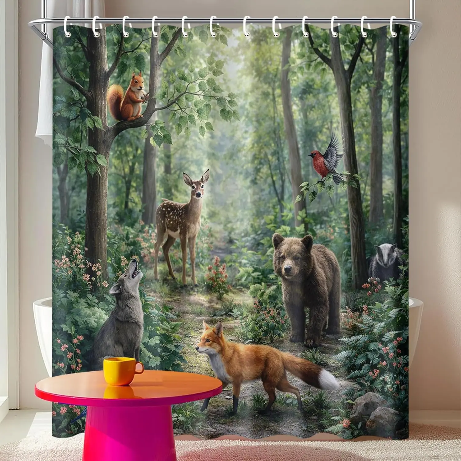 

Woodland Animals Shower Curtain with Hooks Deer Bear Fox Squirrel Wolf Bird and More Forest Design Fabric Bathroom Decor for