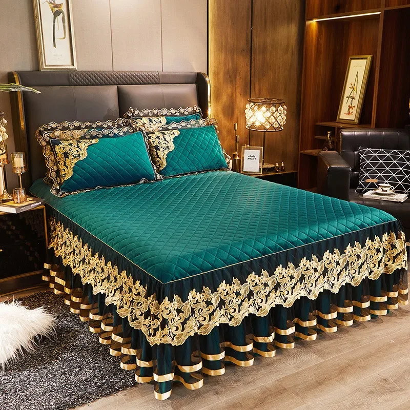 Gold Embroidery Velvet Quilted Thicken Bedspread Queen King Size Soft Warm Lace Ruffle Bed Skirt 2 Pillowcases 200x220 Green