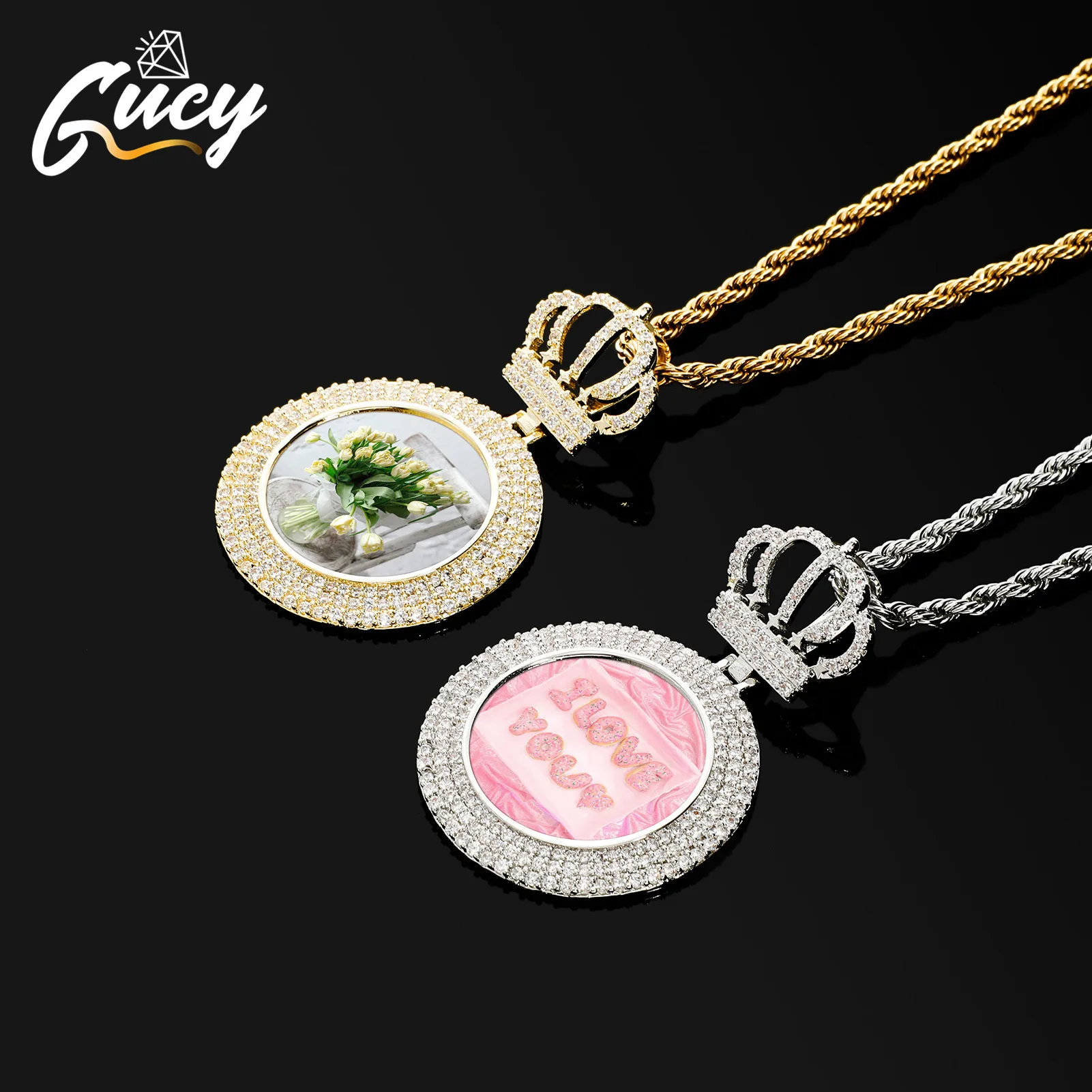 

GUCY Custom Crown Heart Photo Pendant Necklace Engrave Name Iced Out CZ Hip Hop Jewelry Memory Gifts