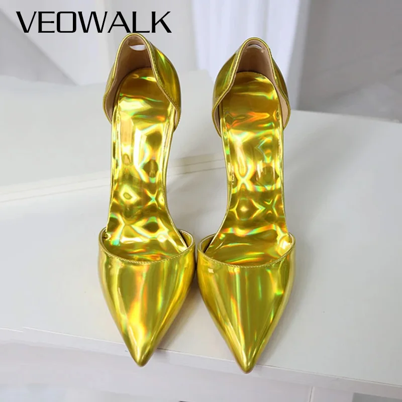 

Шикарные женские пикантные модные блестящие туфли-лодочки D'Orsay на шпильке с острым носком цвета металлик и золотого цвета для вечеринок, обувь для свиданий в клубе, большие размеры 46