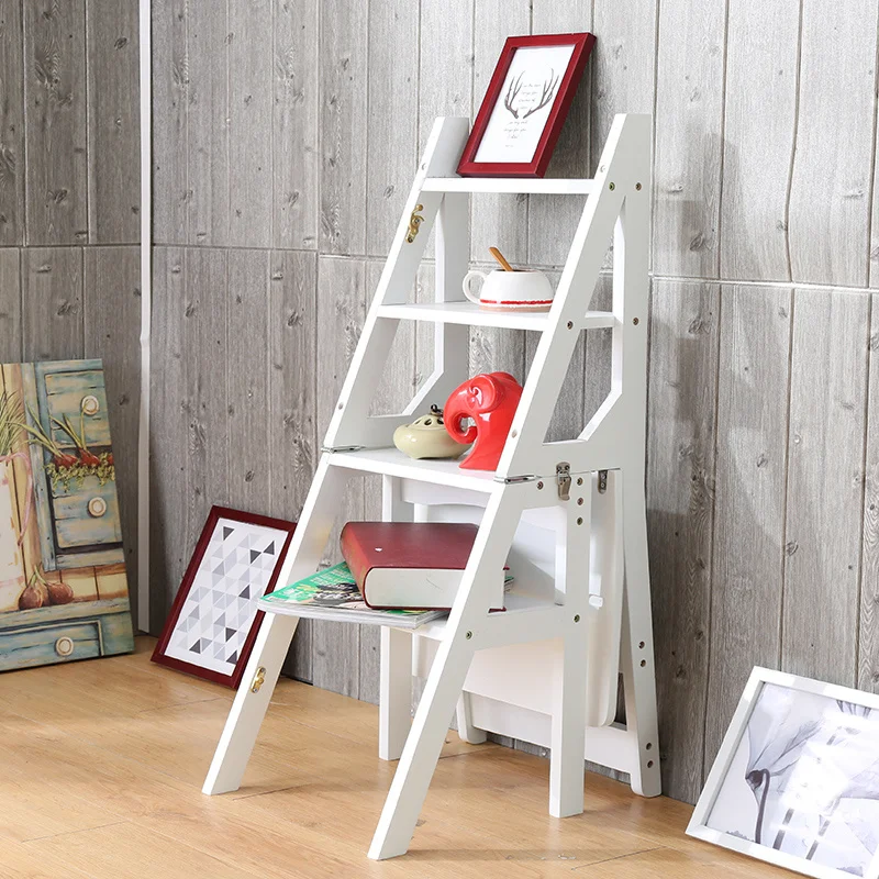 Home Foldable 4-layer Stair Chair Solid Wood Folding Ladder Multifunctional Stepladder Ascending Ladder Chair