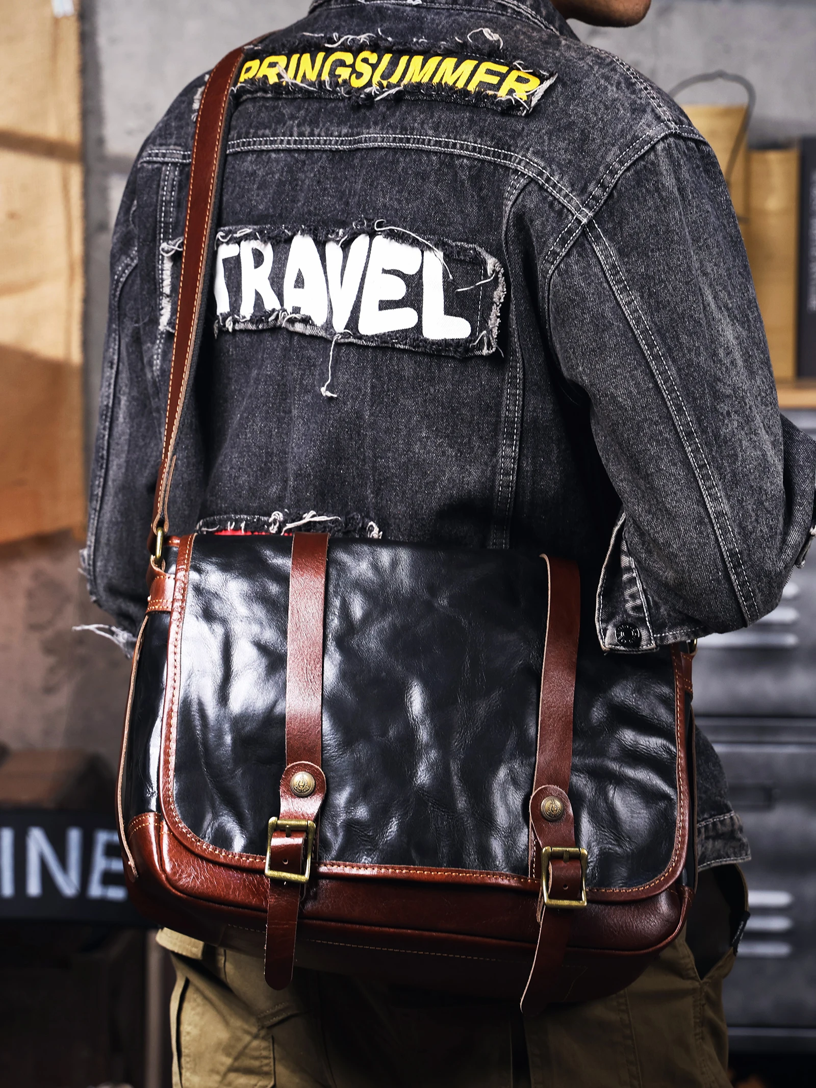 S.WORKER Vintage Echtleder Herren-Umhängetasche Crossbody-Taschen Crazy Horse Rindsleder Schultertasche Top-Layer Mode – Detail 5