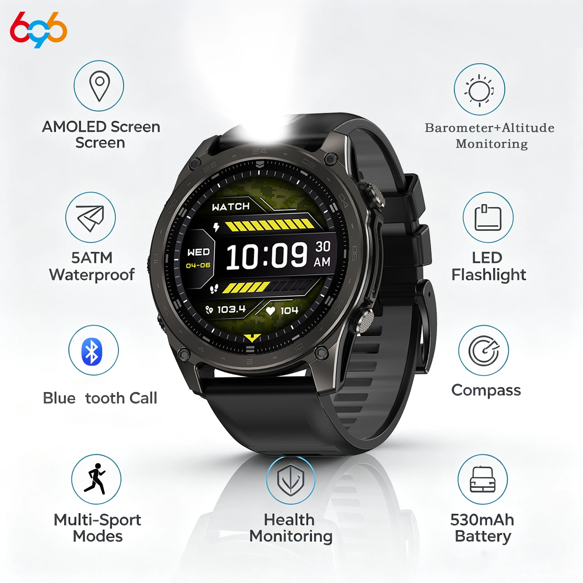 Health Smartwatch Outdoor Smart Watch Sports Compass Blue Tooth Call 5ATM Waterproof LED Flashlight AMOLED Screen Watches