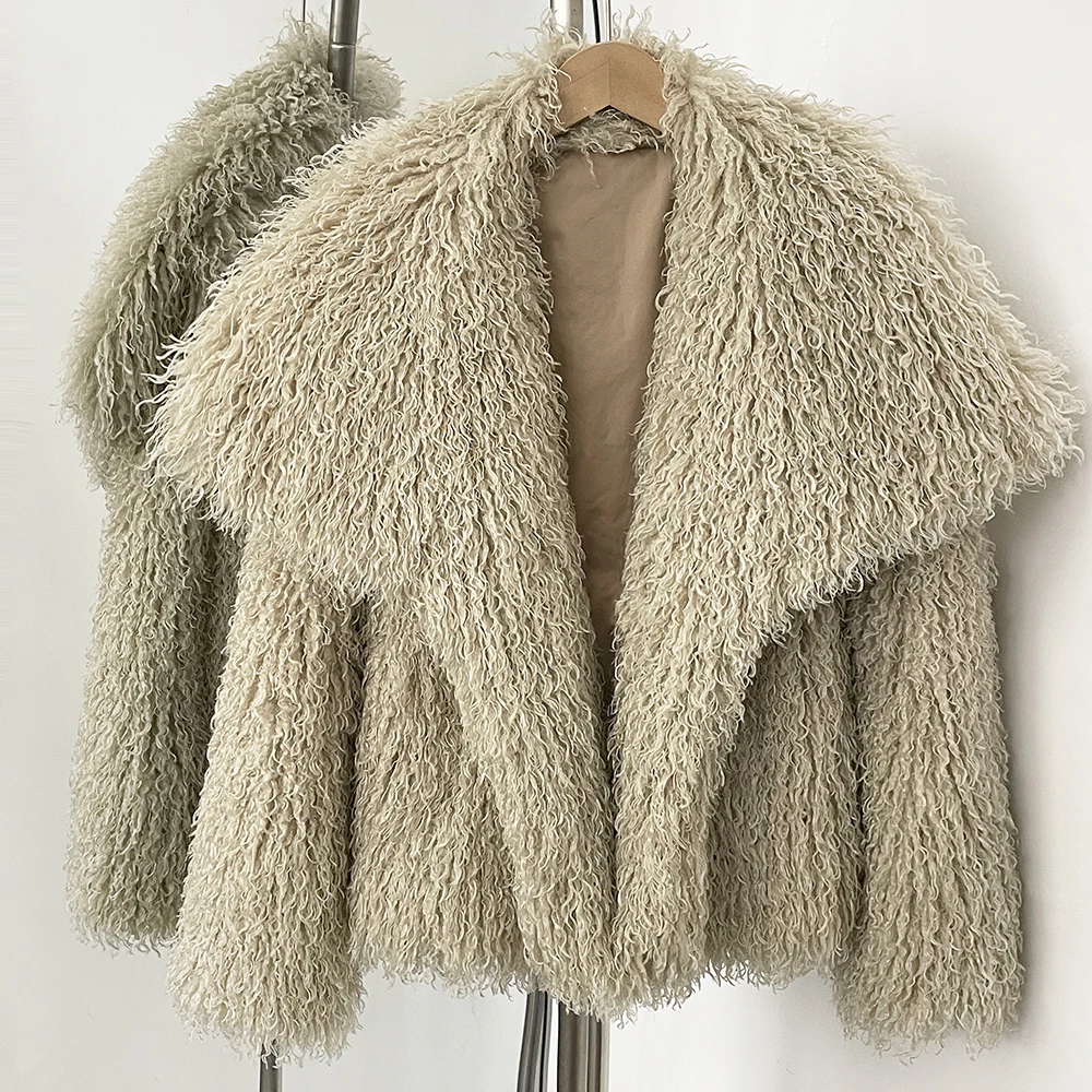 New Autumn Winter Clothes Women Fashion Big Collar Artificial Mongolia Sheep Fur Jacket Luxury Faux Fur Coat Fake Fur Overcoat