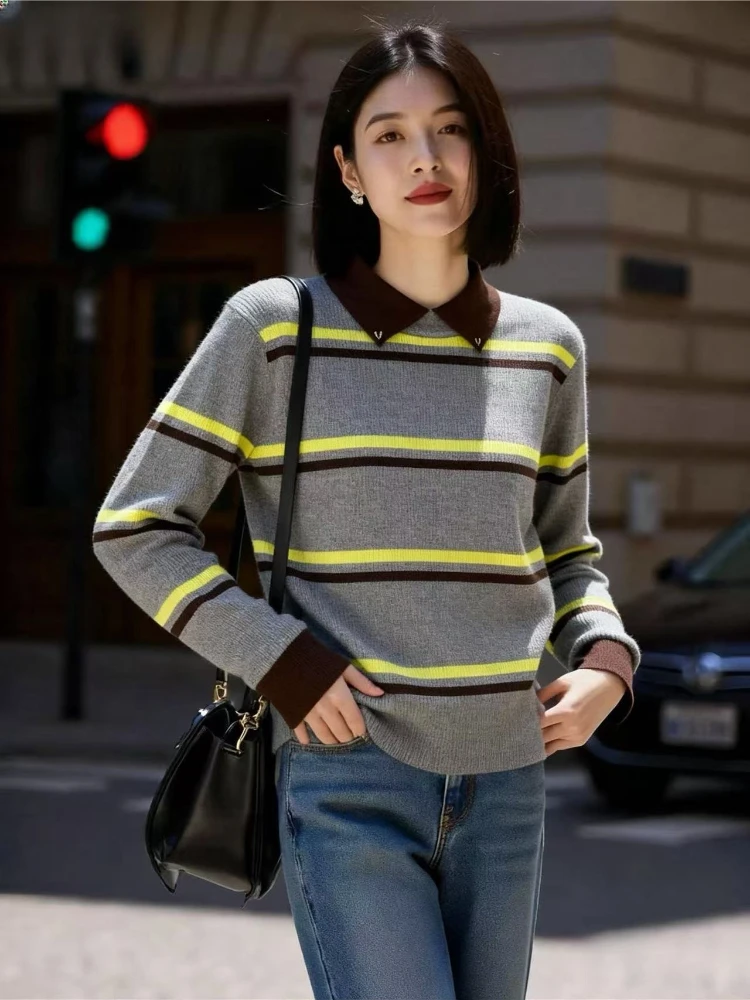 

Женский шерстяной вязаный длинный свитер с воротником-свеком, цветной полосатый свитер, свободный крой, базовый слой, топ, осень-зима, Новое поступление