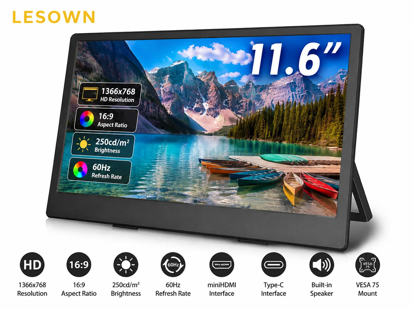 LESOWN 11.6" 768P External Monitor Driver-free Extended Display with Speakers VESA 75 mini HDTV for Notebook Computer