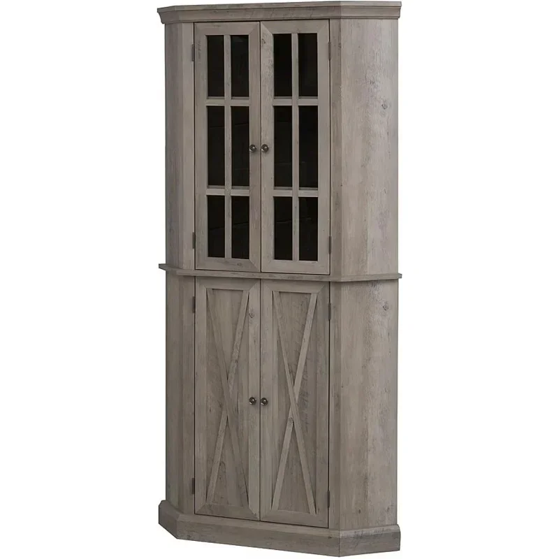 Home Source Corner Cabinet with Doors, Wood Hutch, Transparent Glass , Bar for Living Room, Kitchen,