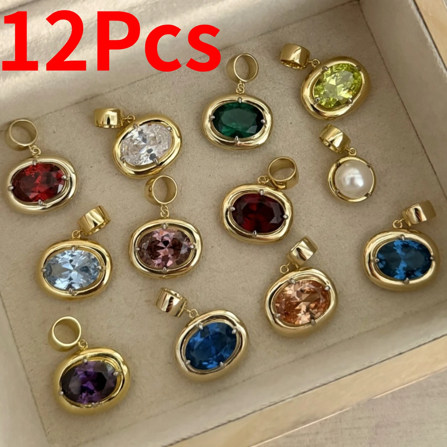12Pcs Mix Birthstone Month Charm Oval Colorful Zircon Pendant for Jewelry Making DIY Necklace Girls Accessories Anniversary Gift