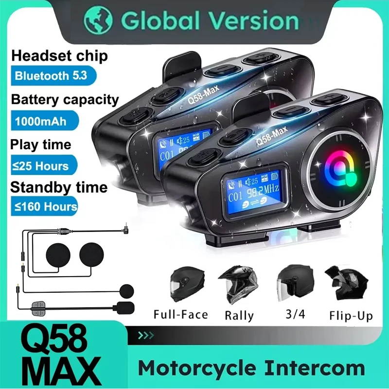 1/2Pcs Q58 Max Motorcycle Helmet Bluetooth Intercom Multi-Scene Mixed Music Sharing IP65 Waterproof Intercom Distance 500 Meters