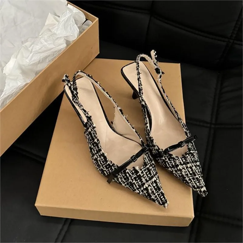 

Women High Heels Bow Pointed Toe Knitting Sandals Shoes Summer Stilettos New Sexy Dress Party Slingback Zapatos Mujer Pumps