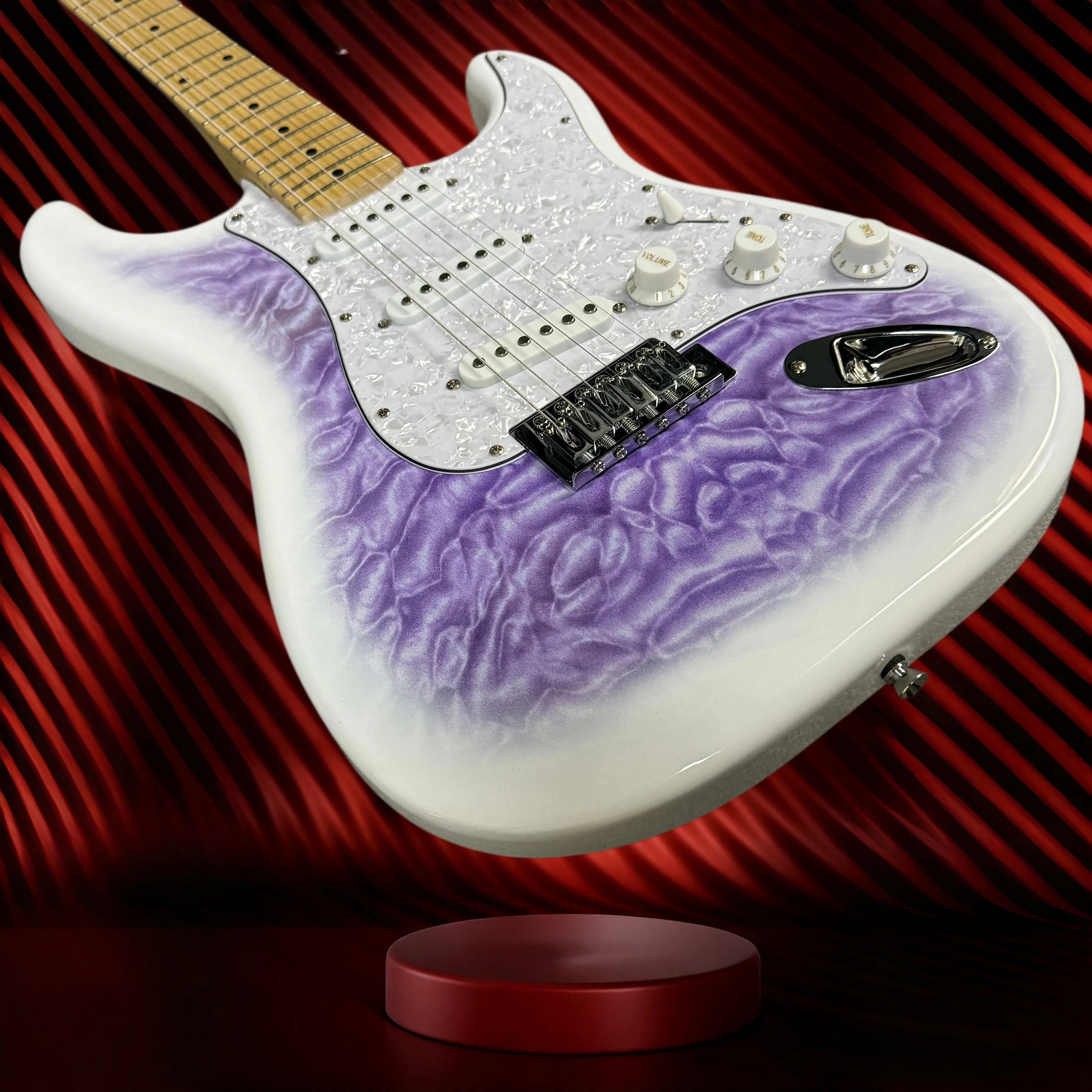 STP White Purple Gradient Water Ripple Electric Guitar, Three Single SSS Pickup, Pearl Guard, Pop Blues Voiceless Rock Guitar