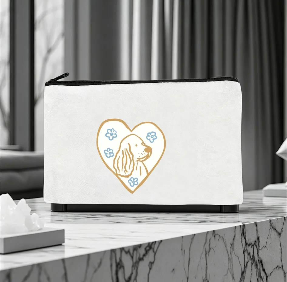 1PC Cute Heart Spaniel Dog Blue Flower Canvas Cosmetic Bag Portable Zipper Makeup Storage Pouch Gift