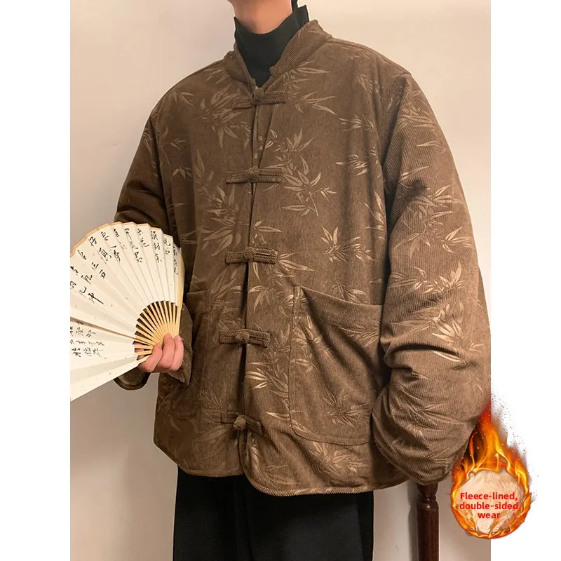 

Thiened Cotton Jaet for Men with Stand Collar Double-Sided Wear Tassel Button Hanfu Outerwear Winter Warm Casual Youth