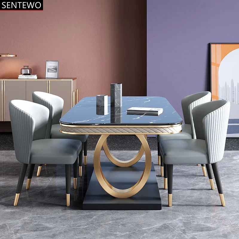 SENTEWO Free Shipping Italian Luxury White Marble Top Dining Table Set 6 Chairs Stainless Steel Gold Base Table Chair Furniture