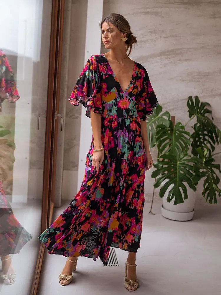 2023 Boho Floral Printed V-neck Short Sleeve Self Belted Cotton Dress Tunic Women Summer Clothes Street Wear Maxi Dresses A1341