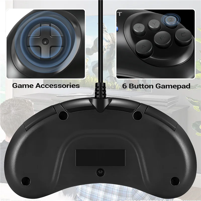 ABDE-2 قطعة أذرع التحكم في ألعاب الفيديو لـ SEGA Genesis لـ 16 بت مقبض تحكم 6 أزرار لوحة ألعاب لـ SEGA MD ملحقات ألعاب أسود