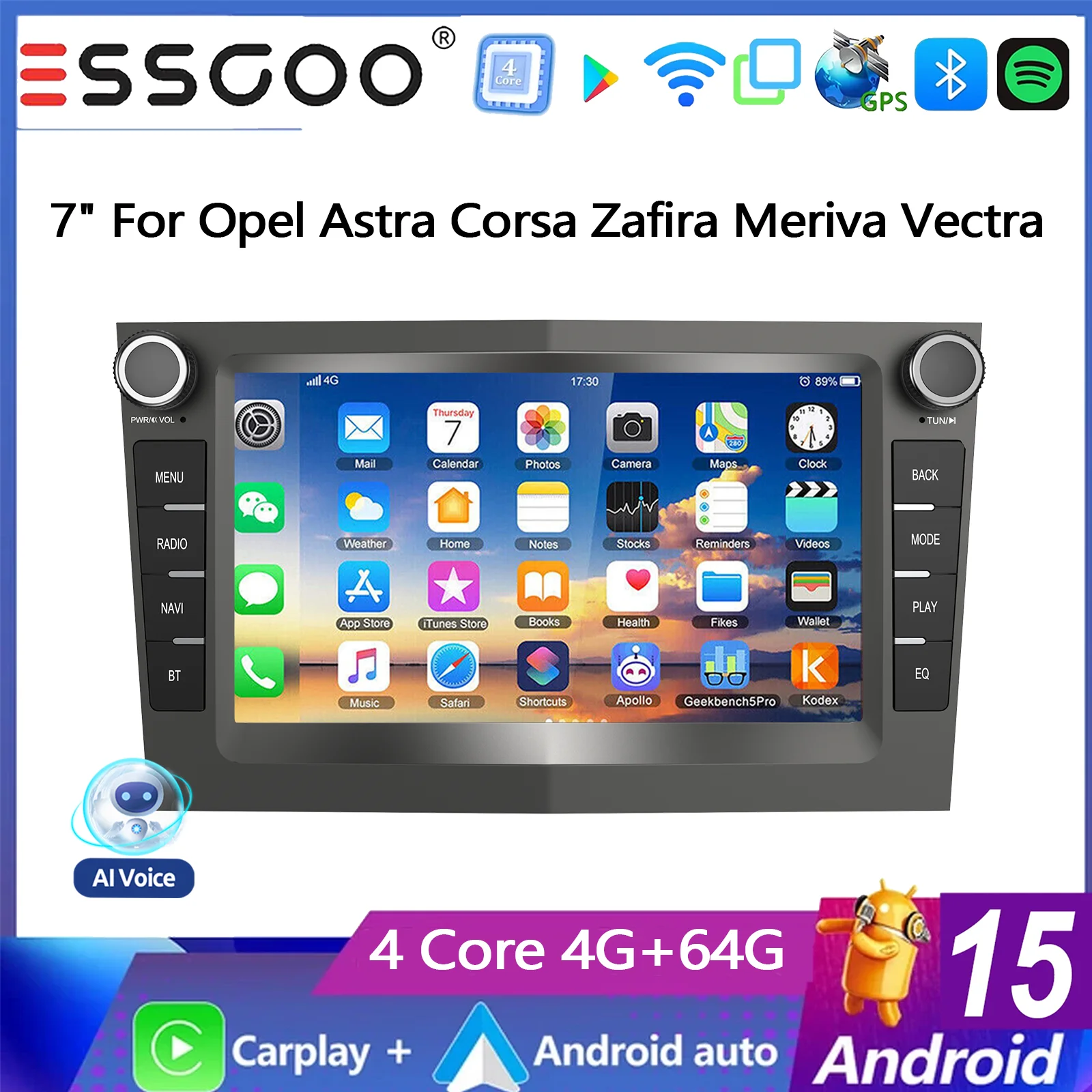 ESSGOO 7" 4+64G Android 15 für OPEL/Vauxhall Astra Corsa Zafira Meriva Combo Signum Vectra Vivara Autoradio mit Wireless Carplay Android Auto GPS-Navigation Bluetooth FM SWC Wifi RDS ASP IPS