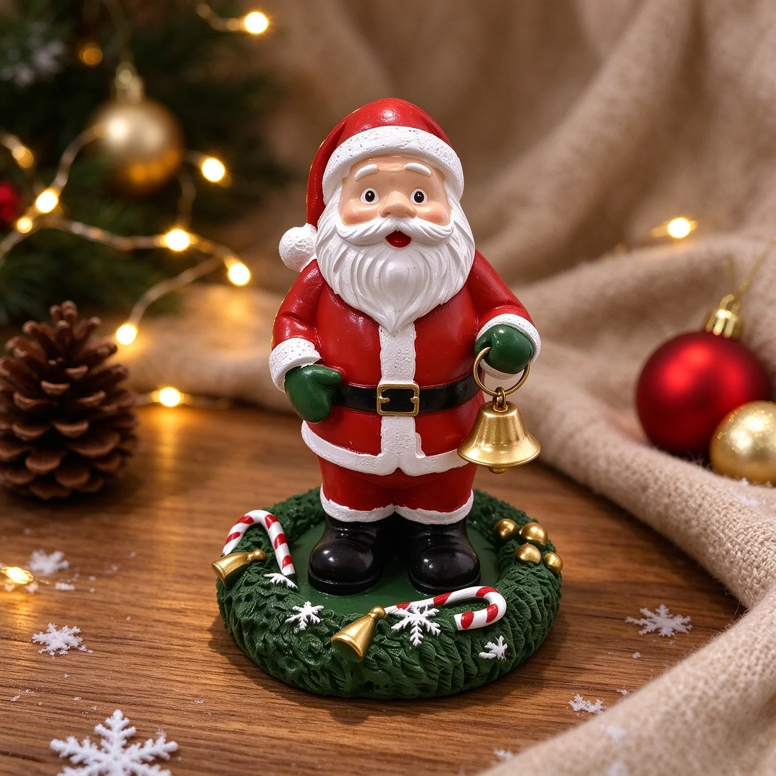 Xmas Santa Claus Resin Figurine, Holding Golden Bell, Wreath Base Tabletop Decoration Holiday Gift