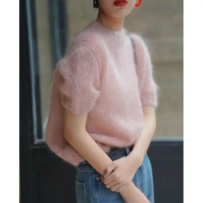 Pink Mohair Women\'s Sweater Summer O-Neck Short Sleeves All-matched Thin Knitted Tops Gentle Elegant Soft Female Pullovers