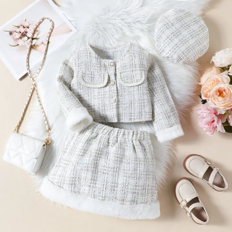 Set For Kids Girls Fur Patchwork Jacket + Skirt + Beret Winter Little Charms Outfit 2-6 Years Kids Clothing Casual Girls' Suit