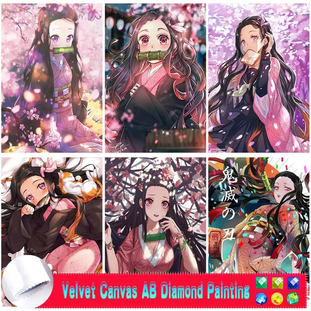 5D AB Velvet Canvas Diamond Painting Cartoon Anime Demon Slayer Nezuko Picture Of Rhinestone Diamond DIY Art Mosaic Embroidery