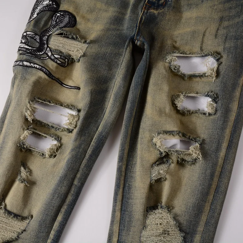 Men Snake Embroidery Denim Jeans Vintage Blue Snakeskin Leather Patch Stretch Pants Skinny Tapered Trousers