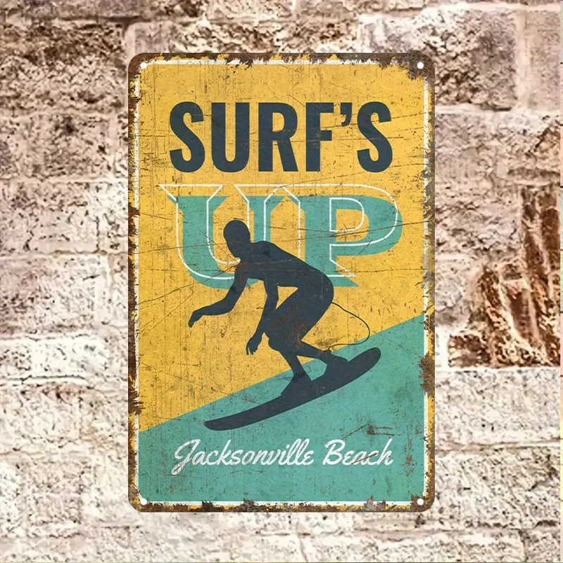Surf'S Up Vintage Metal Tin Sign - Retro Beach Wall Art with Surfing Figure, Aluminum, Yellow & Teal Design, Perfect for Home,