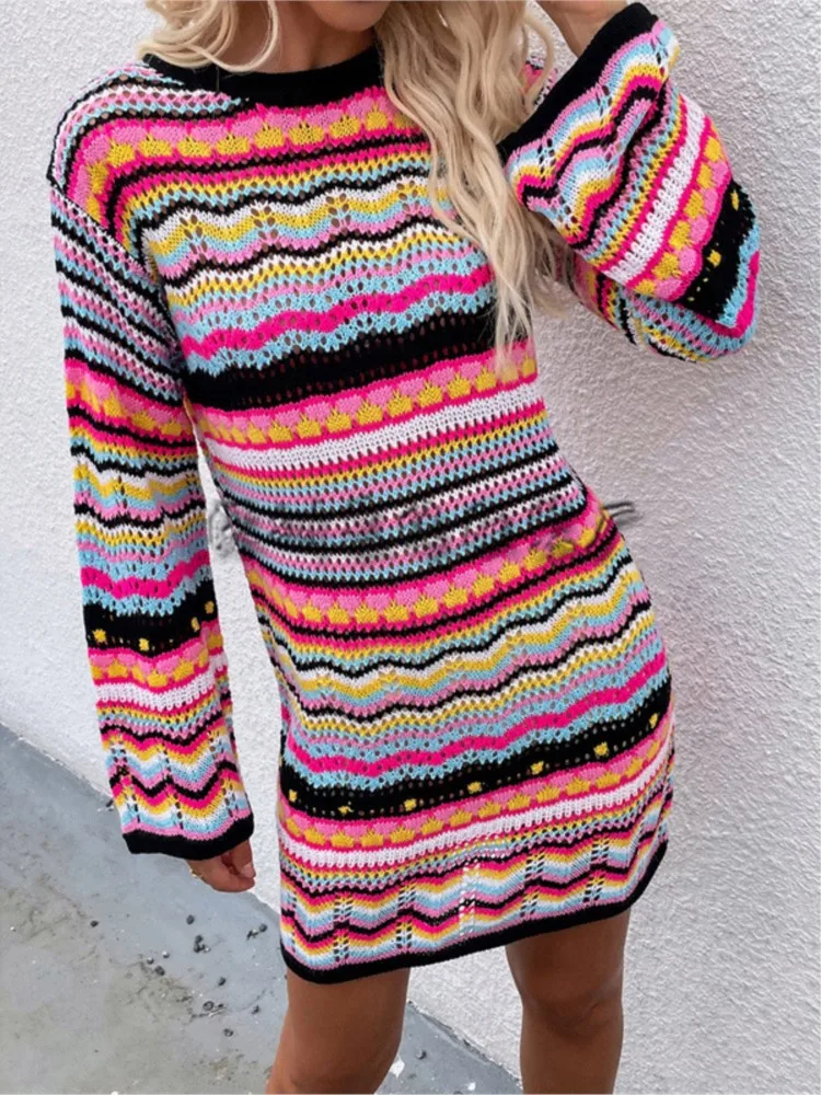 

New Rainbow Stripes Knitted Sweater Mini Dresses Autumn Winter Women Fashion Temperament Hollow Out Long Sleeve Loose Dress