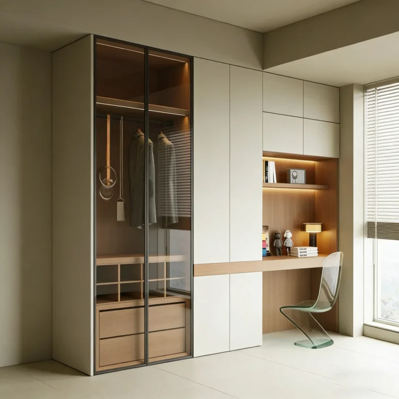 &Customized Hanging Clothes Display Area and Drawers With Glass Doors and Light Strips for Storage Wardrobes