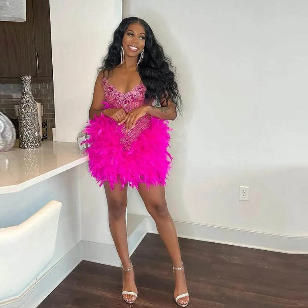 Hot Pink Sexy Cocktail Party Dresses With Beaded  Feathers  Black Girls Short Prom Dress Birthday Gowns For Photos