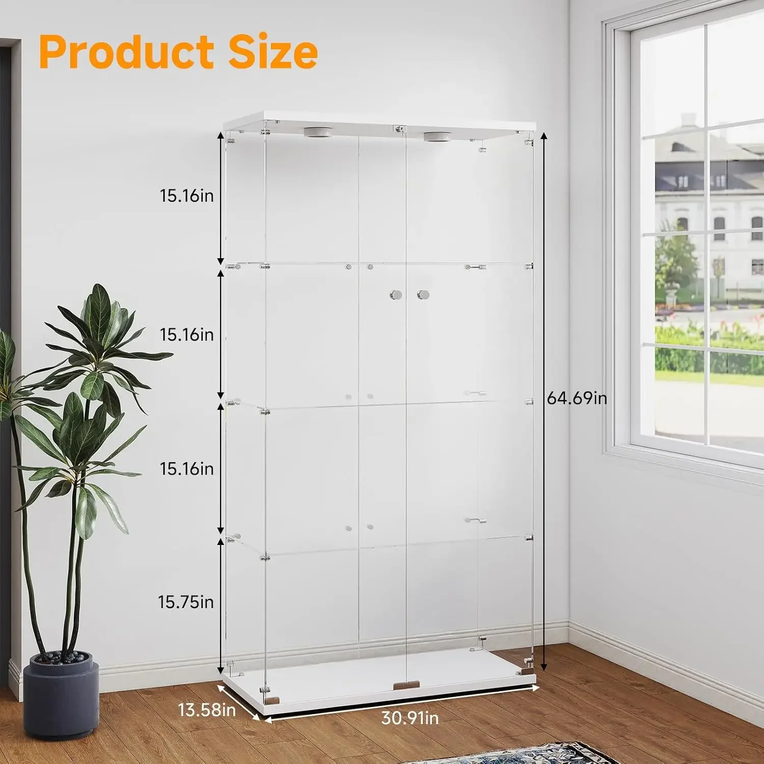Tempered Glass Display Cabinet with Lights, 4-Tier Curio Cabinet with Glass Doors and Lock, Glass Display Case for Collectibles,