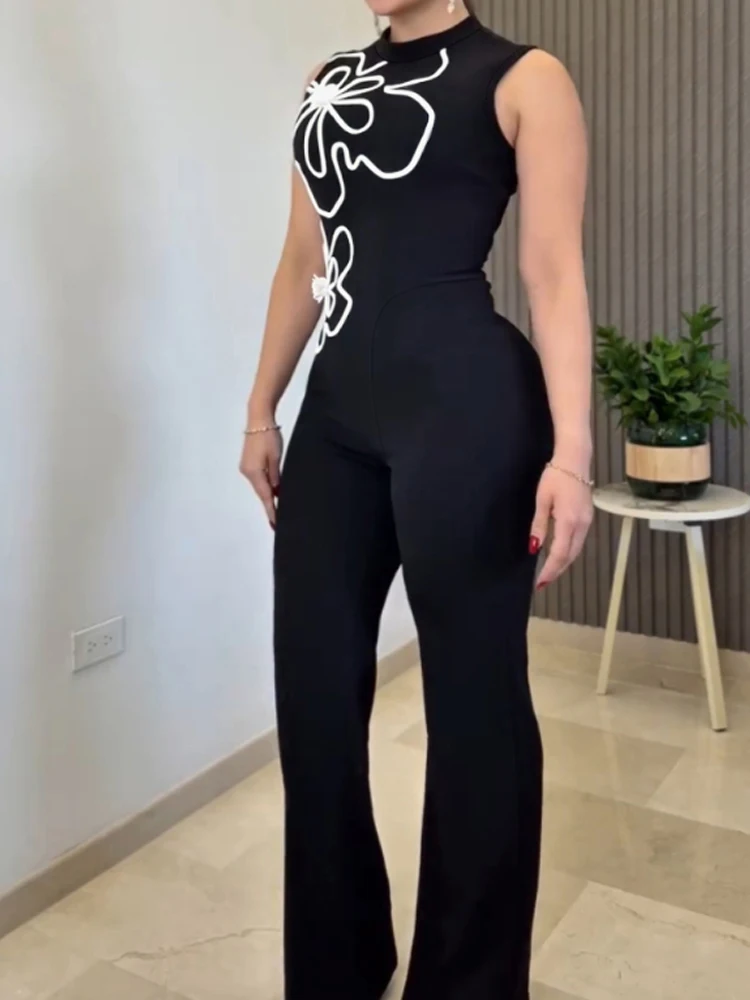 

High Neck Sleeveless Overalls Casual Zipper Back Wide Leg Jumpsuit