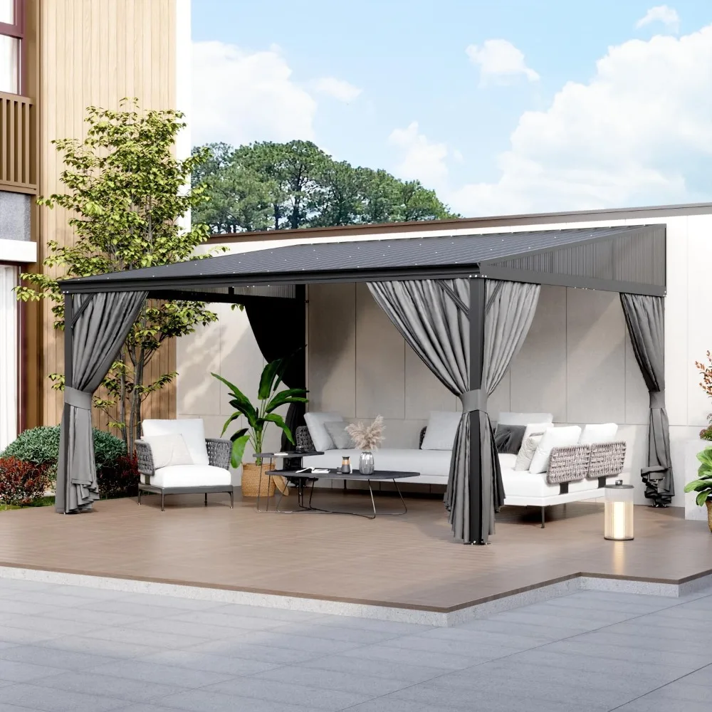 

12x14Ft Hardtop Gazebo, Aluminum Frame Wall Mount Outdoor Gazebo with Netting & Curtains, Sloping Galvanized Iron Roof