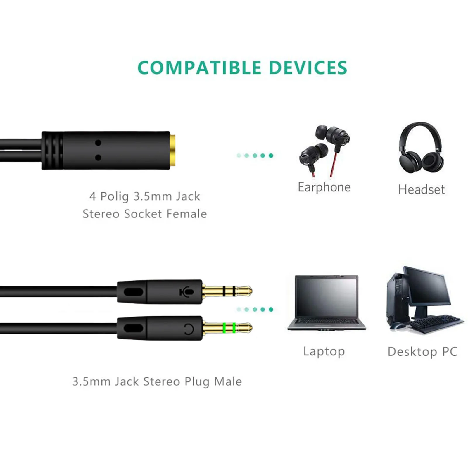 3.5mm jack microfone fone de ouvido áudio divisor cabo fêmea para 2 macho y divisor de áudio para computador telefone simultaneamente (0.22m)