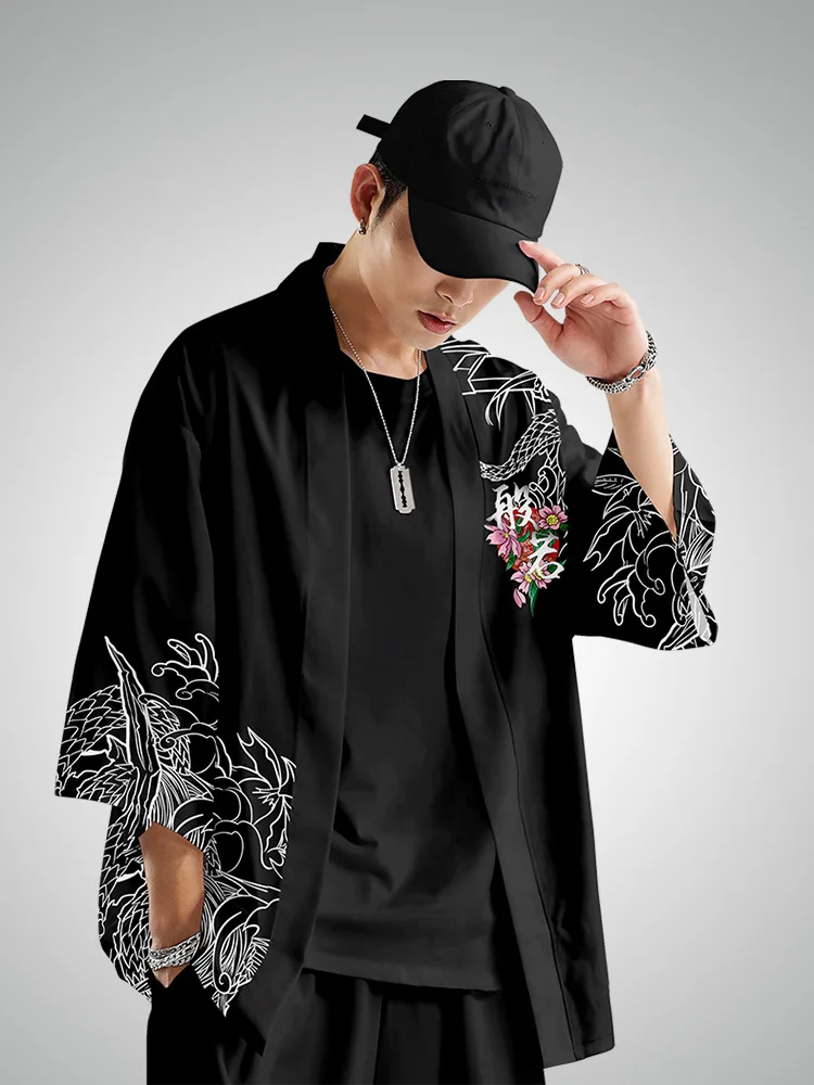 Fashion Trend Demon Print Hip Hop Two-piece Suit Yukata Women Harajuku Traditional Kimono Japanese Cardigan Men Cosplay Haori