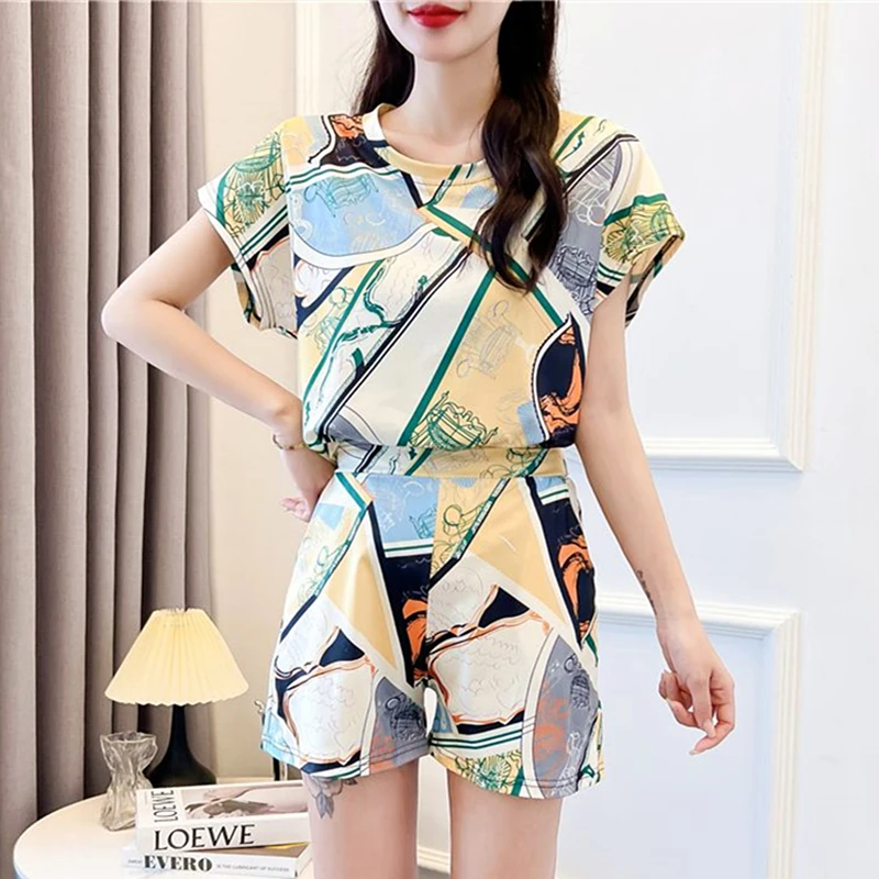 Japanese Color Contrast Fashion Graphic 2 Piece Sets Womens Outfits Summer Soft Comfortable Loose Shirt Shorts Pants Office Lady