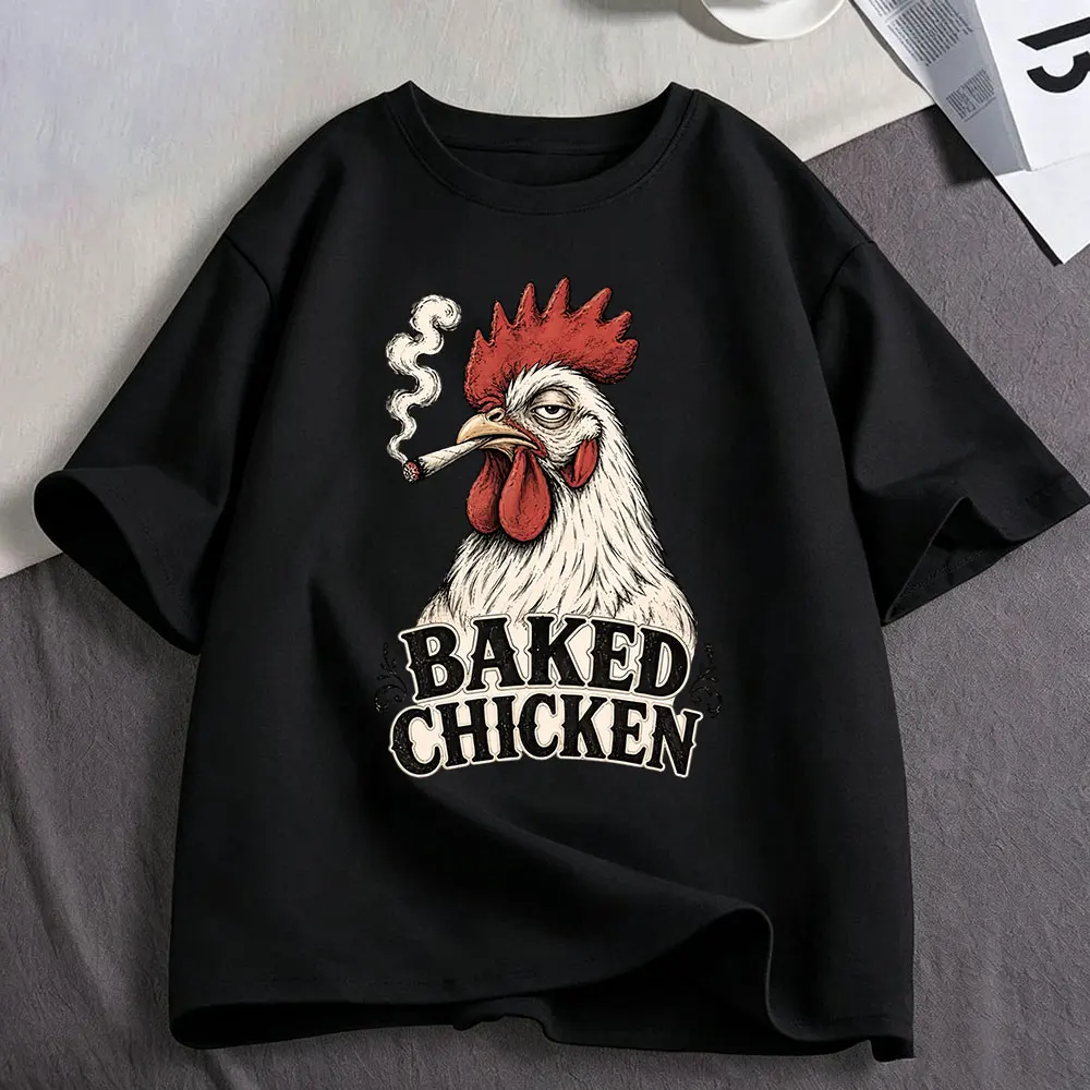 Baked Chicken Smoking Funny Meme Graphic T Shirts Men Women Clothing Cotton Fashion Oversized Short Sleeve T-shirt Streetwear